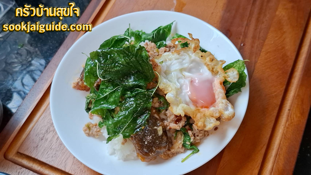 ผัดกระเพราหมูสับไข่เยี่ยวม้า รสชาติเผ็ดหอม พร้อมเสิร์ฟบนข้าวสวยร้อน